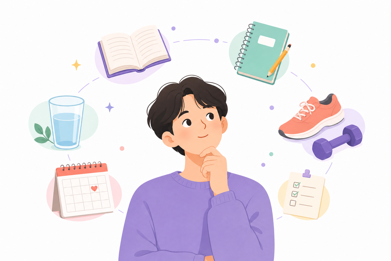 좋은 습관을 궁금해하는 사람과 일기, 독서, 운동, 작은 습관을 상징하는 일러스트