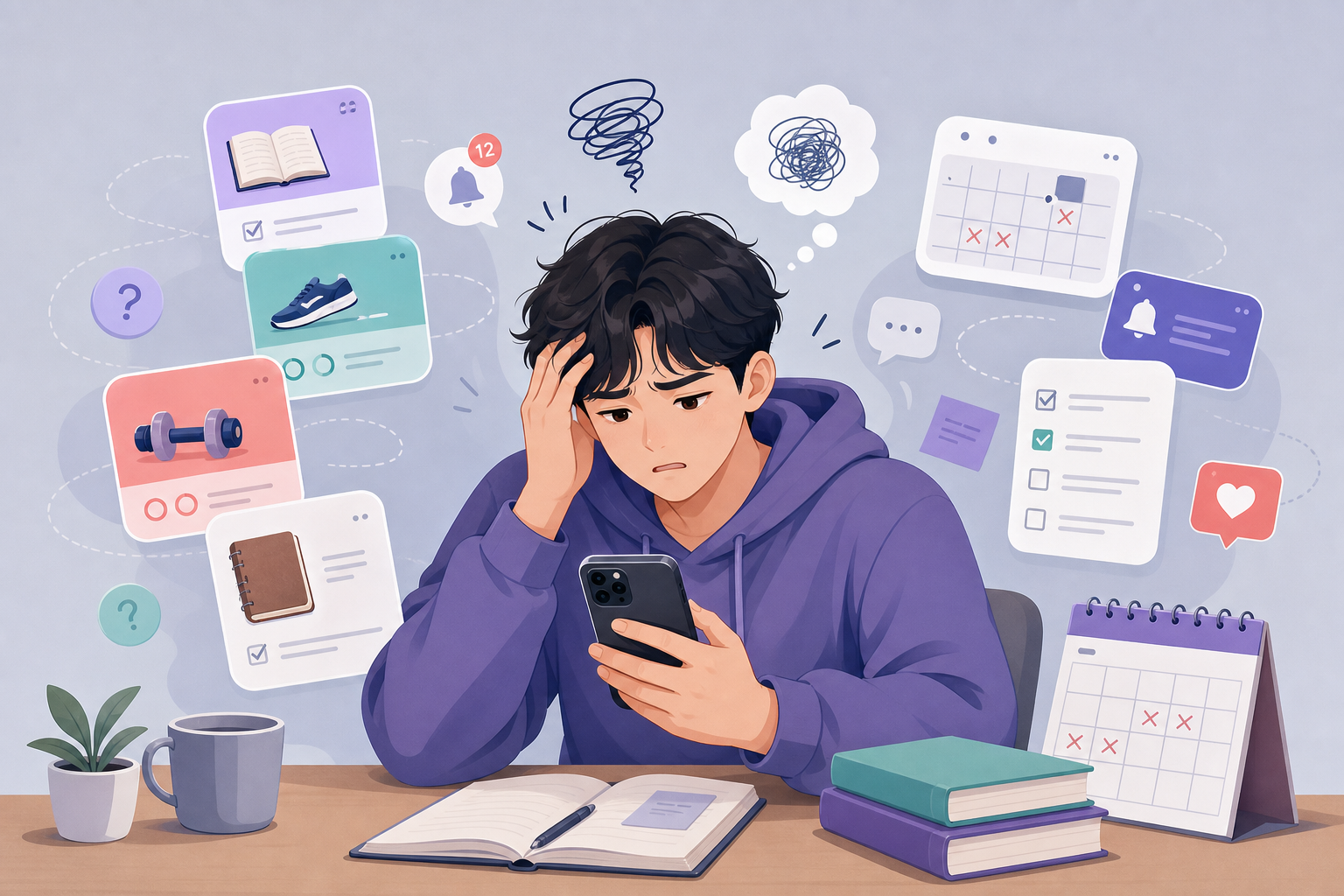 습관 기록 앱과 알림이 많아 답답해하는 사람 일러스트